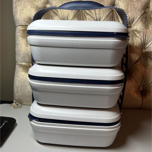 Vintage Tupperware Bentgo Set with Cariolier Handle, Plates, Seals Grey and Blue - Picture 1 of 13